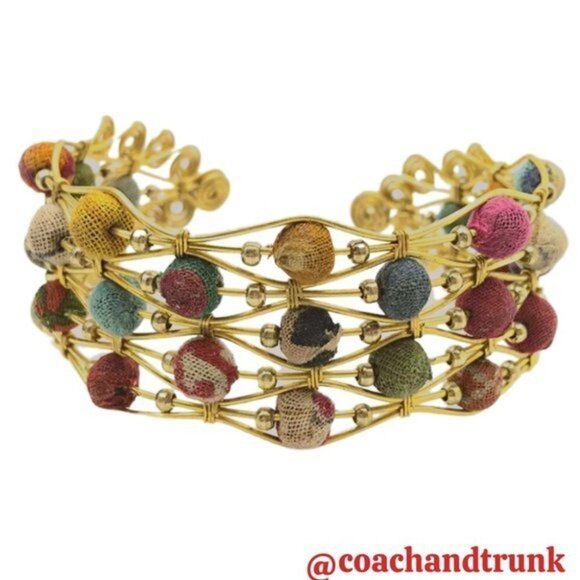 Artisan Cuff Crafted Wire Work w/Upcycled Sari Wrapped Beads NWT Sustainable - Picture 4 of 9